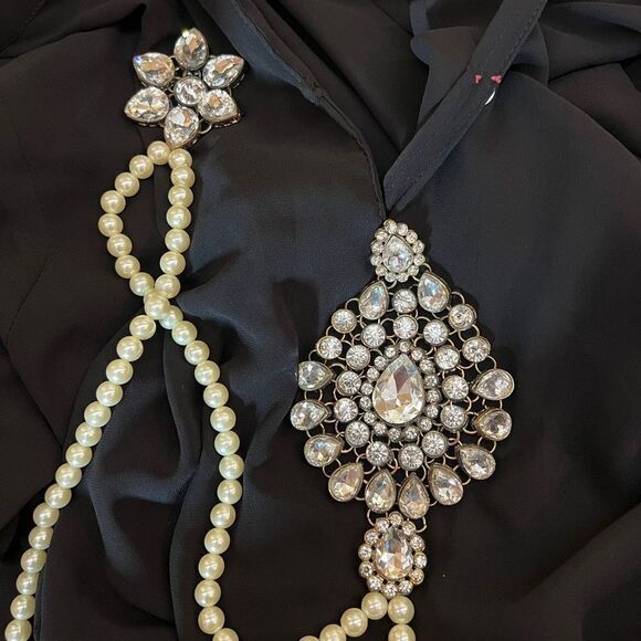 Sheer Unlined Dress with Rhinestone Brooches and Pearls Black Size 46 - Picture 12 of 12